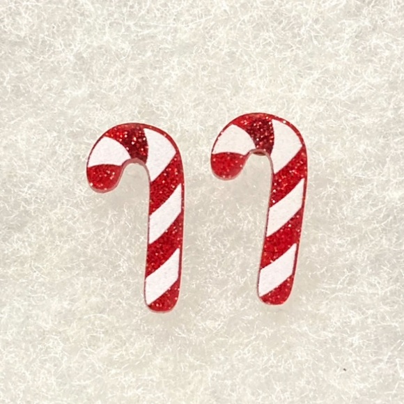 Candy Cane Peppermint Glitter Sparkle Christmas Holiday Stud Earrings - Picture 2 of 2